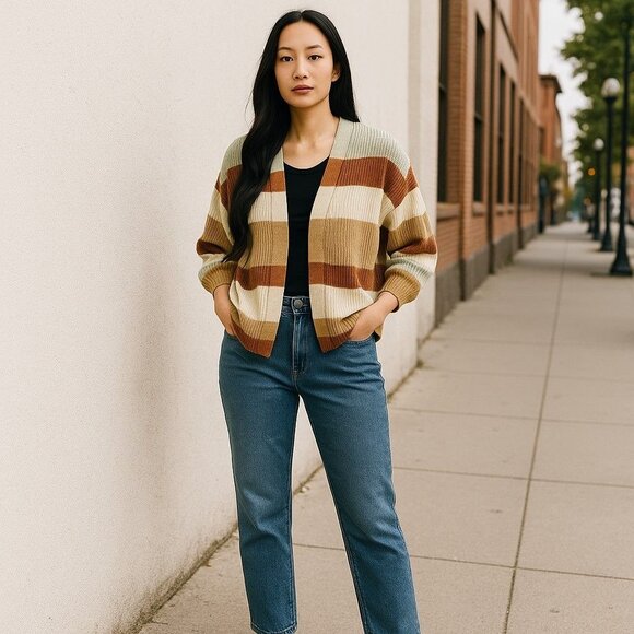 Nine West Fall Colors Striped Lightweight Knit Open Front Cardigan Sweater Large - Picture 2 of 9